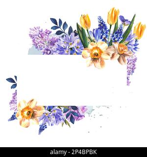 cadre de fleurs de printemps sur fond blanc. illustration aquarelle Banque D'Images