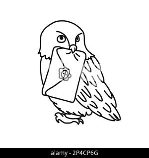 Hibou blanc avec une lettre dans le dessin animé de style Doodle. Illustration vectorielle dessinée à la main isolée sur fond blanc. Illustration de Vecteur