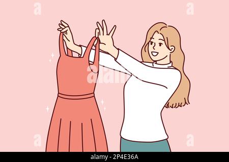 Femme examine belle robe de soirée choisir la tenue pour aller à la balle ou fête. Le magasin de vêtements pour filles propose une élégante robe de la dernière collection du célèbre créateur de mode Illustration de Vecteur