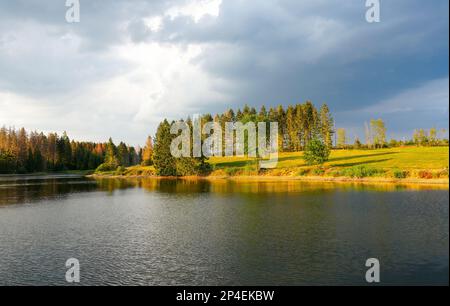 Paysage à l'Hasenbacher Teich. Nature dans le Harz près de Clausthal-Zellerfeld. Paysage idyllique au bord du lac en automne. Banque D'Images