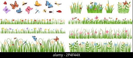 Fleurs du jardin du début du printemps. Plantes en fleurs de forêt et de jardin avec insectes et ensemble de vecteur de dessin animé d'herbe verte Illustration de Vecteur