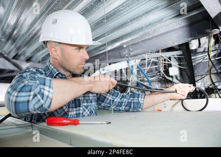 Des travailleurs pour le montage d'un câble électrique dans le plafond Banque D'Images