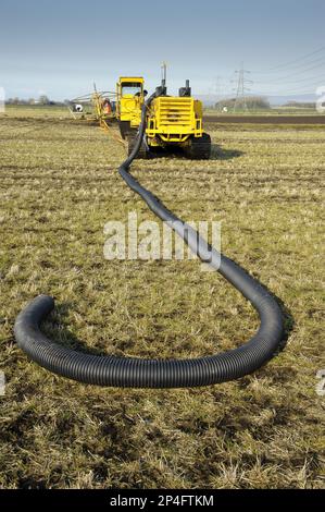 Drainage sur le terrain, machine de pose continue de tuyaux travaillant dans les champs arables, Pilling, Lancashire, Angleterre, Royaume-Uni Banque D'Images