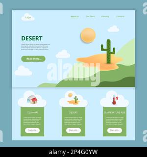 Modèle de site Web de la page d'arrivée à plat du désert. Tsunami, désert, hausse de température. Bannière Web avec en-tête, contenu et pied de page. Illustration vectorielle. Illustration de Vecteur