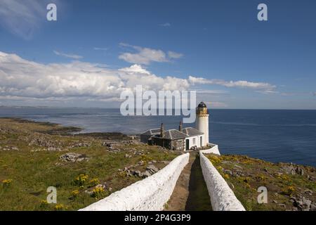 Vue sur la côte et l'observatoire des oiseaux abrité dans l'ancien phare, Low Light, Isle of May, Firth of Forth, Écosse, Royaume-Uni Banque D'Images