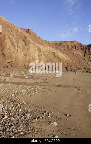 Vue sur les falaises de mer et les galets sur la plage, Filey Bay, Filey, East Yorkshire, Angleterre, Royaume-Uni Banque D'Images