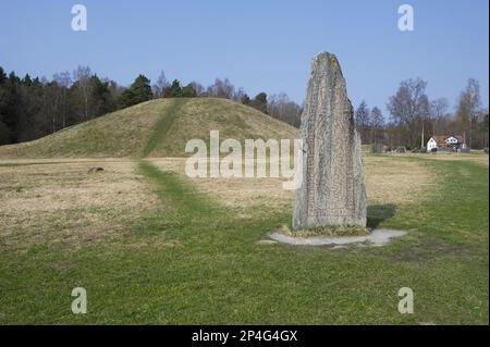 Pierre de Rune à côté de l'ancien tumulus, Anundshog (Anunds Hillock), Vasteras, Vastmanland, Suède Banque D'Images