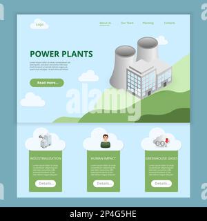 Modèle de site Web de la page d'accueil des centrales électriques. Industrialisation, impact humain, gaz à effet de serre. Bannière Web avec en-tête, contenu et pied de page. Vecteur Illustration de Vecteur