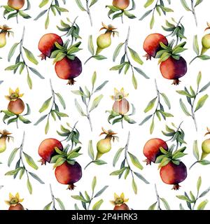 Motif aquarelle sans couture avec pomgranates fruits sur branche avec feuilles sur fond blanc pour l'emballage de cosmétiques et motifs juifs Rosh Hashanah Banque D'Images