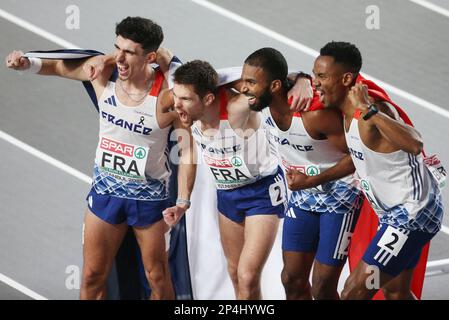 Gilles Biron, Téo Andant, Victor Coroller et Muhammad Abdallah Kounta de France, 4X400 m hommes pendant les Championnats d'intérieur d'athlétisme européen 2023 sur 5 mars 2023 à l'arène Atakoy à Istanbul, Turquie - photo Laurent Lairys / DPPI Banque D'Images