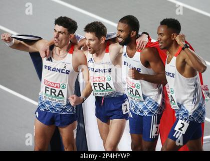 Gilles Biron, Téo Andant, Victor Coroller et Muhammad Abdallah Kounta de France, 4X400 m hommes pendant les Championnats d'intérieur d'athlétisme européen 2023 sur 5 mars 2023 à l'arène Atakoy à Istanbul, Turquie - photo Laurent Lairys / DPPI Banque D'Images