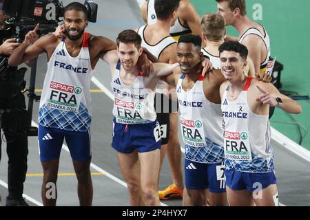 Gilles Biron, Téo Andant, Victor Coroller et Muhammad Abdallah Kounta de France, 4X400 m hommes pendant les Championnats d'intérieur d'athlétisme européen 2023 sur 5 mars 2023 à l'arène Atakoy à Istanbul, Turquie - photo Laurent Lairys / DPPI Banque D'Images