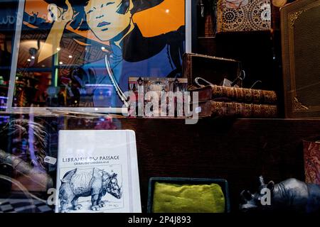 La fenêtre s'affiche à la Librairie de passage dans le passage Jouffroy, 9th arrondissement de Paris. Banque D'Images