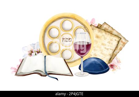 Banderole de salutation Happy Passover avec verre de vin rouge, matzah, Haggadah et assiette de séder juive avec fleurs d'amande isolées sur fond blanc Banque D'Images