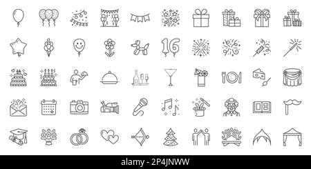 Icônes de ligne de fête définies. Gâteau d'anniversaire, célébration d'anniversaire, cocktail, décoration, clown, restauration, feu d'artifice surprise, illustration de vecteur ballon Illustration de Vecteur