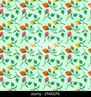 Élégant motif sans couture avec motif fleuri en fleurs rouges jaunes et roses sur fond vert Illustration de Vecteur