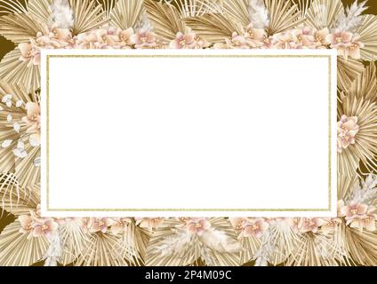 Aquarelle horizontale rectangulaire cadre avec feuilles de palmier séchées et fleurs d'orchidées de style Boho. Illustration dessinée à la main. Modèle pour cartes de vœux ou invitations. Bordure de Bohème dans des tons pastel. Banque D'Images