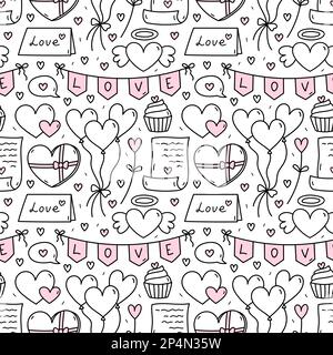 Joli motif sans couture pour la Saint-Valentin avec coeurs, lettres, ballons, petits gâteaux, bonbons au chocolat. Illustration vectorielle d'une caniche dessinée à la main. Parfait pour les motifs de vacances, l'impression, la décoration, le papier d'emballage. Illustration de Vecteur