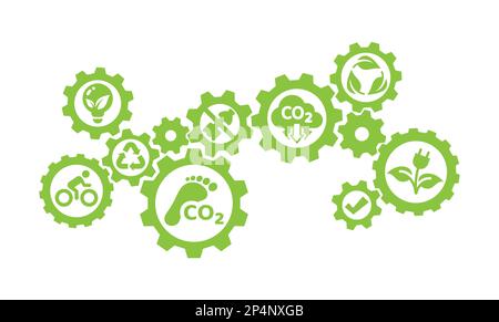 Recyclage durable et renouvelable, empreinte carbone dans le modèle de vecteur d'engrenage. Écologie, symboles et icônes de l'environnement du réchauffement de la planète dans le mécanisme des engrenages Illustration de Vecteur