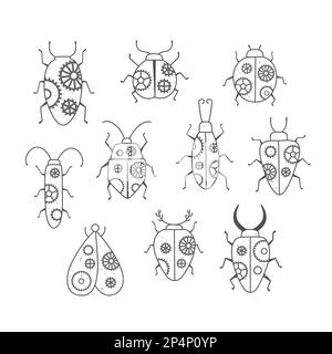 Page de coloriage des insectes steampunk de dessin animé. Illustrations vectorielles pour livre de coloriage pour adultes et enfants. Illustration de Vecteur