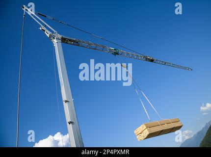 Grue de construction avec charge suspendue de planche en bois sur un ciel bleu Banque D'Images