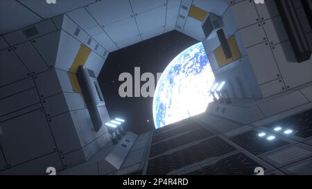 Couloir du vaisseau spatial. Vol dans un tunnel de vaisseau spatial, un couloir de navette de science-fiction. 3d illustration Banque D'Images