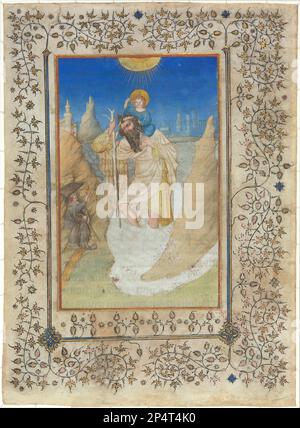 Limbourg Frères Saint Christopher porter l'enfant Christ, c. 1409 feuille d'un livre des heures miniature sur vélin Banque D'Images