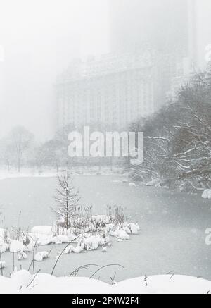 Central Park Lake and Plaza Hotel à travers la brume d'une tempête de neige dans la ville de New York. Les conditions de neige et de glace couvraient le lac à l'extrémité nord du parc USA Banque D'Images