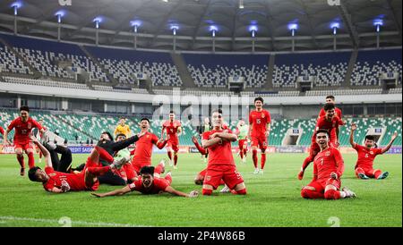 Tachkent, Ouzbékistan. 6th mars 2023. Les joueurs de Chine fêtent après avoir remporté le match du Groupe D entre la Chine et l'Arabie Saoudite de la coupe asiatique U20 de l'AFC à Tachkent, Ouzbékistan, 6 mars 2023. Credit: Che Zhouyong/Xinhua/Alay Live News Banque D'Images