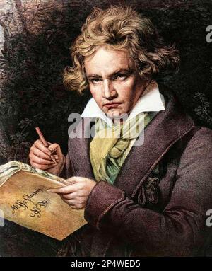 Portrait de Ludwig van Beethoven (1770-1827), musicien allemand, compositeur la Missa solennis, d'apres la peinture de Karl Joseph Stieler (1781-1858) - Portrait de Ludwig van Beethoven (1770-1827), musicien allemand, composant la Missa solennis, d'après la peinture de Karl Joseph Stieler (1781-1858) Banque D'Images