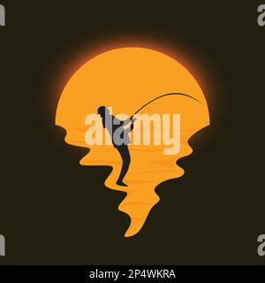 Logo de la silhouette de pêcheur à la ligne avec coucher de soleil sur fond noir. Design d'illustration pour le sport en extérieur. Illustration de Vecteur