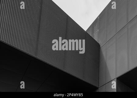 Tons noir et blanc, détail architectural extérieur de la façade de Bardage perforé en aluminium des bâtiments modernes. Résumé fond urbain de la métropole. Banque D'Images