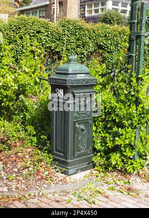 Une boîte aux lettres noire devant une toile de fond de buissons et arbustes verts luxuriants, au bord d'une rue Banque D'Images