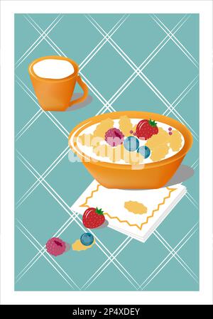 céréales pour le petit déjeuner avec fruits et lait Illustration de Vecteur