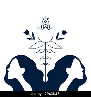 Journée internationale de la femme. 8 mars. Portraits de femmes à la fleur de tulipe et numéro huit. Concept d'égalité, féminisme, droits de la femme. Illustration vectorielle Illustration de Vecteur