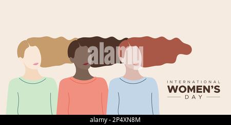 Journée internationale de la femme. 8 mars. La vue avant permet de réaliser des portraits de femmes avec des cheveux dans le vent. Groupe multiculturel. Illustration vectorielle, conception plate Illustration de Vecteur