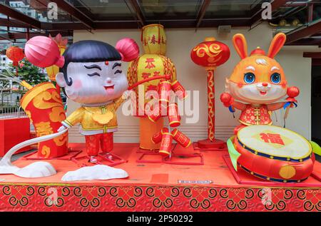 Installations de lumière de lapin au Temple Relic Buddha Tooth, Chinatown, Singapour pour le nouvel an chinois février 2023 Banque D'Images