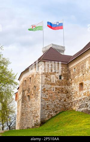 Ljubljana, Slovénie - 10 avril 2019 : le château de Ljubljana est un complexe de châteaux situé sur la colline du château, au-dessus du centre-ville de Ljubljana. Banque D'Images