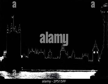 Impression traditionnelle à effet sabattier réalisée par des processus de chambre noire humide dans 1970 des chambres du Parlement et Big Ben, Westminster, Londres, Royaume-Uni Banque D'Images