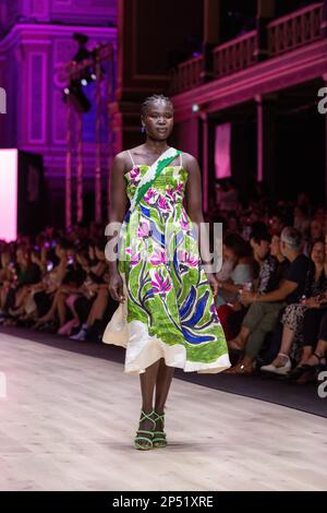 Melbourne, Australie, 06/03/2023, Un modèle habillé par Aje marche sur la piste au spectacle de pistes d'Utopia, présentant le meilleur de la mode australienne, dans le cadre du Melbourne Fashion Festival, au Royal Exhibition Building à Carlton, Melbourne. Les designers australiens prennent le devant de la scène au premier spectacle du Melbourne Fashion Festival, Utopia. Le Royal Exhibition Building de Carlton sera le lieu de rendez-vous de cette gamme australienne composée de designers tels que Aje, Nevenka, Acler, Van Der Kooij, Ginger & Smart, Leo Lin et Maara collective. Ces designers présenteront leurs styles et leurs coupes uniques Banque D'Images