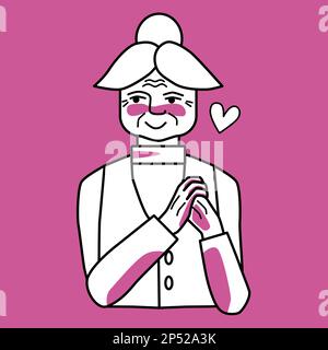 Vieille femme amoureuse, en tenant ses mains, rose et blanc. Dessin au trait, style d'esquisse dessiné à la main. Illustration de Vecteur
