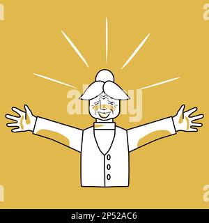 Bonne vieille femme, émotion du bonheur, orange et blanc. Grand-mère joyeux, dessin au trait, dessin à la main. Illustration de Vecteur