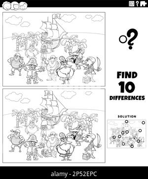 Dessin animé noir et blanc illustration de trouver les différences entre les images jeu éducatif avec les personnages pirates groupe sur Treasure Island col Illustration de Vecteur