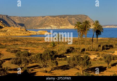 `El Playazo´.en arrière-plan château de San Ramón. Parc naturel de Cabo de Gata-Nijar. Réserve de biosphère, province d'Almeria, Andalousie, Espagne Banque D'Images