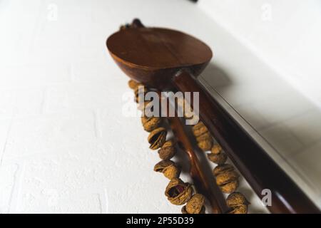 gros plan d'un violon africain contre le mur blanc à la maison. Photo de haute qualité Banque D'Images