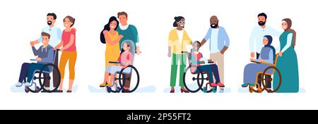 Les parents et leurs enfants handicapés sourient ensemble. Garçons et filles handicapés en fauteuil roulant. Maman et papa soutiennent les enfants handicapés. Paralysé Illustration de Vecteur