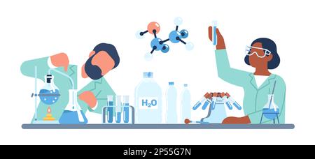 Étude de la présence de produits chimiques dans les bouteilles d'eau potable. Expérience en laboratoire. Recherche scientifique H2O. Les hommes et les femmes chimiques examinent l'aqua. Tubes à essai Illustration de Vecteur