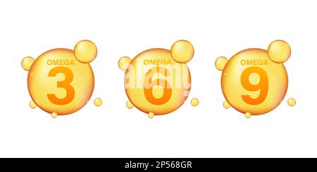Icône en or Omega 3, 6 et 9. Capsule de pilule de vitamine. Goutte d'essence dorée brillante Illustration de Vecteur