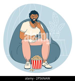 Un homme avec du pop-corn regarde la télévision Illustration de Vecteur