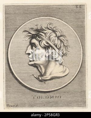 Ptolemy i Soter, c. 367-282 av. J.-C., général macédonien sous Alexandre le Grand qui devint le dirigeant de l'Égypte et fondateur de la dynastie Ptolemaic. D'une pièce de tetradrachm argentée. Tolomeo. Gravure sur plaque de copperplate par Etienne Picart d’après Giovanni Angelo Canini d’Iconografia, cioe disegni d’imagini de famosissimi monarchi, regi, filososi, poeti ed oratori dell' Antichita, dessins d’images de célèbres monarques, rois, philosophes, poètes et orateurs d’Antiquity, Ignatio de Lazatio, Rome, 1699. Banque D'Images